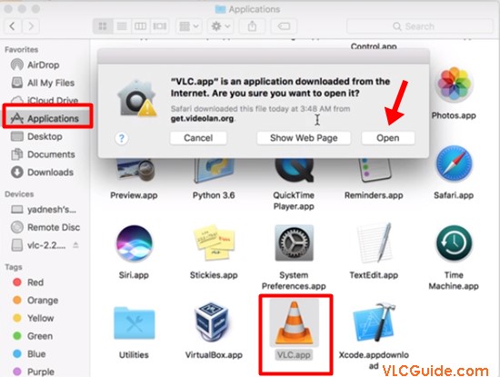 click on the open button to launch vlc media player on mac